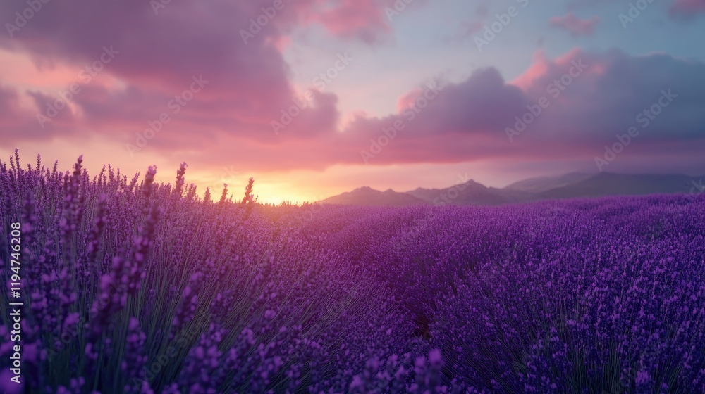 Obraz premium A tranquil view of a lavender field at dusk, with the horizon glowing in soft, warm sunset hues