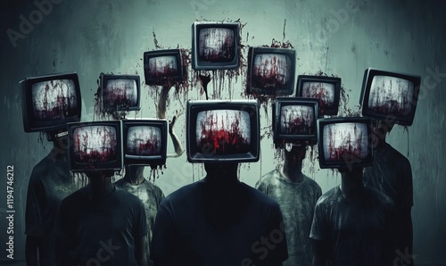 Disturbing figures with television heads displaying horror imagery, blood splatters, dark atmosphere, surreal art, commentary on media influence photo