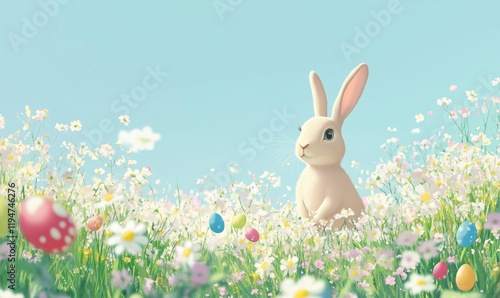 Cute rabbit in vibrant flower field surrounded by colorful Easter eggs, bright blue sky, cheerful spring atmosphere