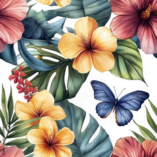 Vibrant Seamless Pattern of Tropical Plants Featuring Hibiscus, Butterfly, and Lush Greenery for Nature-Inspired Designs and Artwork photo