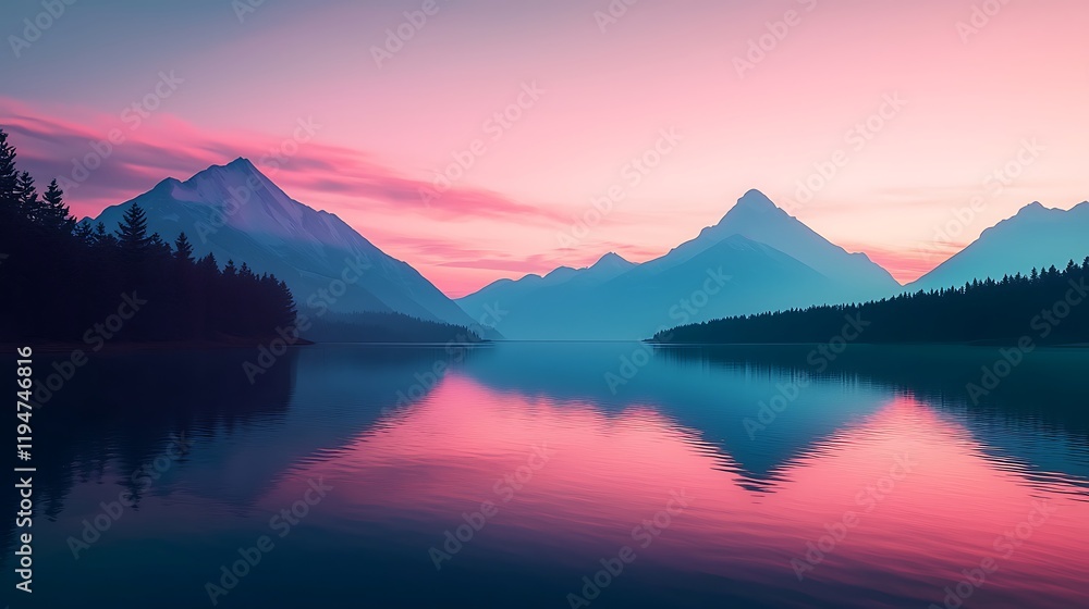 A serene landscape featuring mountains reflected in a calm lake, illuminated by soft pink and blue hues during twilight. A serene landscape featuring mountains reflected in a calm lake, illuminated by soft pink and blue hues during twilight.