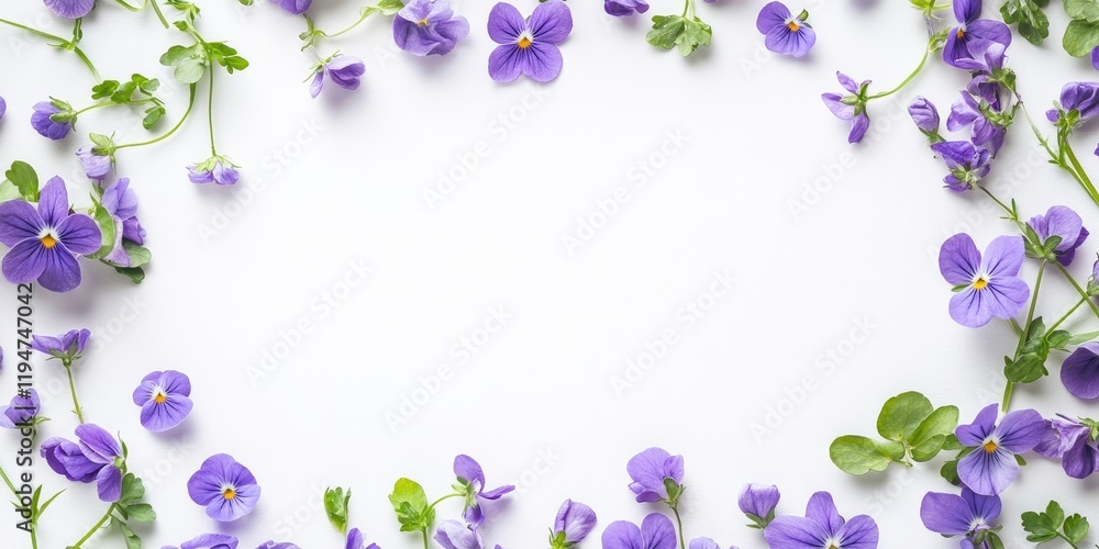 Flat lay arrangement of purple violets and green foliage framed on a white background creating ample space for text and messages Flat lay arrangement of purple violets and green foliage framed on a white background creating ample space for text and messages