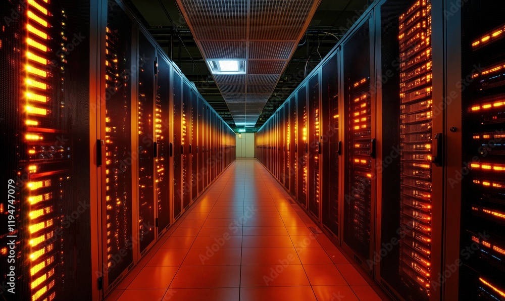Obraz premium Data center corridor illuminated by orange lights, showcasing rows of server racks and high-tech infrastructure