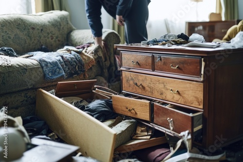 A person standing amidst cluttered furniture and belongings in a messy living room