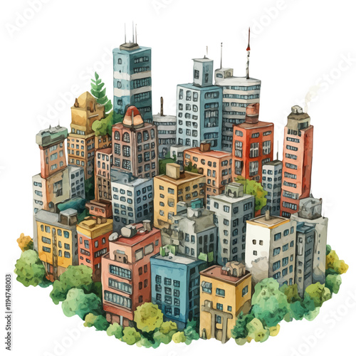 A watercolor of urbanization, isolated on a white background. Urbanization vector.
