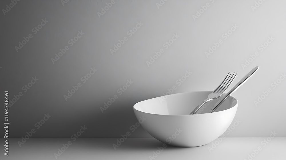 White bowl with spoon and fork carefully placed inside White bowl with spoon and fork carefully placed inside