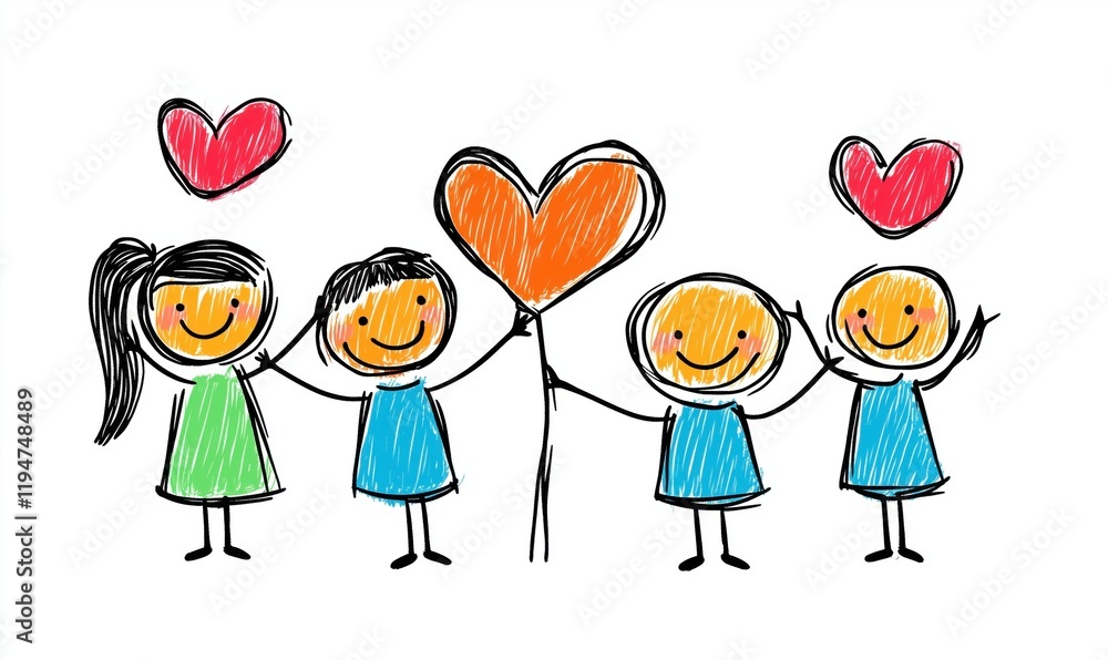 Children Holding Heart Balloon, Expressing Love and Friendship, Colorful Drawing of Happy Kids, Joyful Emotions, Playful Art Children Holding Heart Balloon, Expressing Love and Friendship, Colorful Drawing of Happy Kids, Joyful Emotions, Playful Art