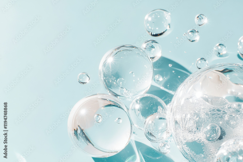Elegant background with transparent water bubbles floating on a soft blue surface, offering ample copy space. Perfect for spa, wellness, freshness, and clean design concepts. Elegant background with transparent water bubbles floating on a soft blue surface, offering ample copy space. Perfect for spa, wellness, freshness, and clean design concepts.