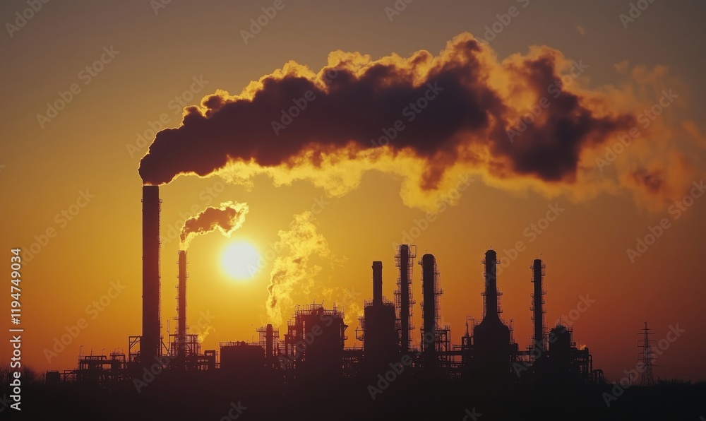 Industrial smokestacks emitting dark smoke against sunset backdrop, highlighting environmental impact of factories and energy production Industrial smokestacks emitting dark smoke against sunset backdrop, highlighting environmental impact of factories and energy production