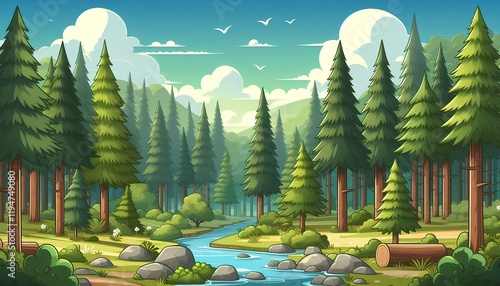 Cartoon Forest with Pine Trees and River