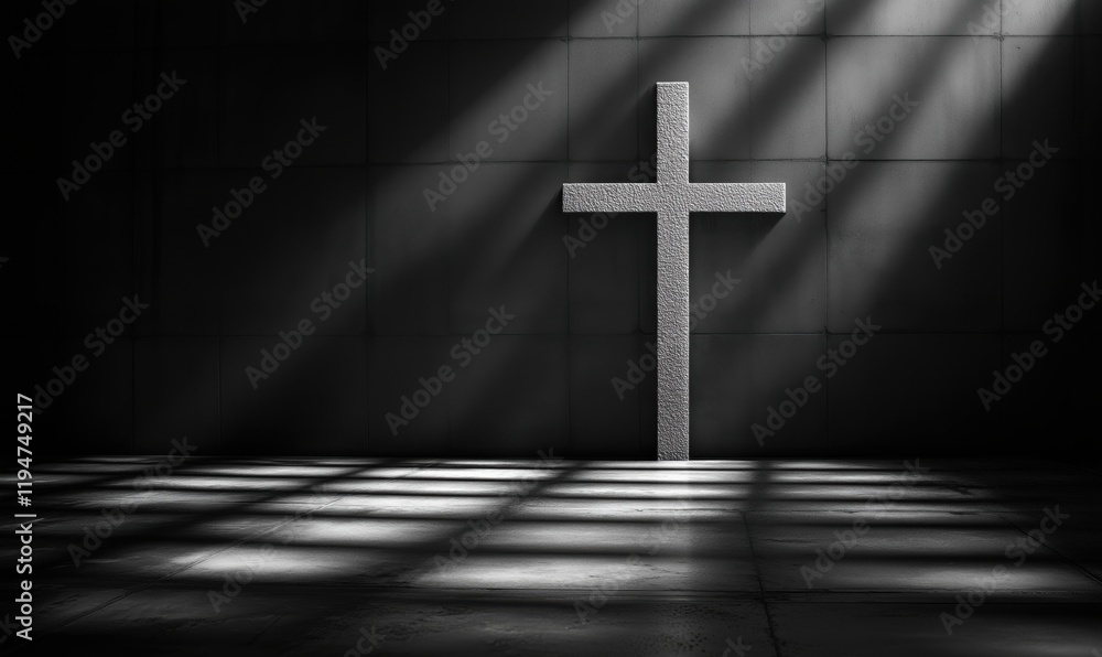 Naklejka premium Cross illuminated by dramatic light in dark space, showcasing shadows and textures, symbolizing faith and spirituality