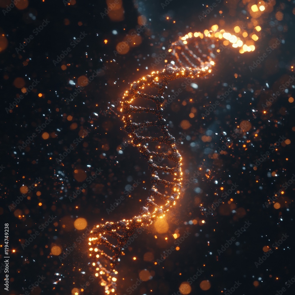Glowing DNA double helix illuminated by molecular connections in a dark background. Generative AI Glowing DNA double helix illuminated by molecular connections in a dark background. Generative AI