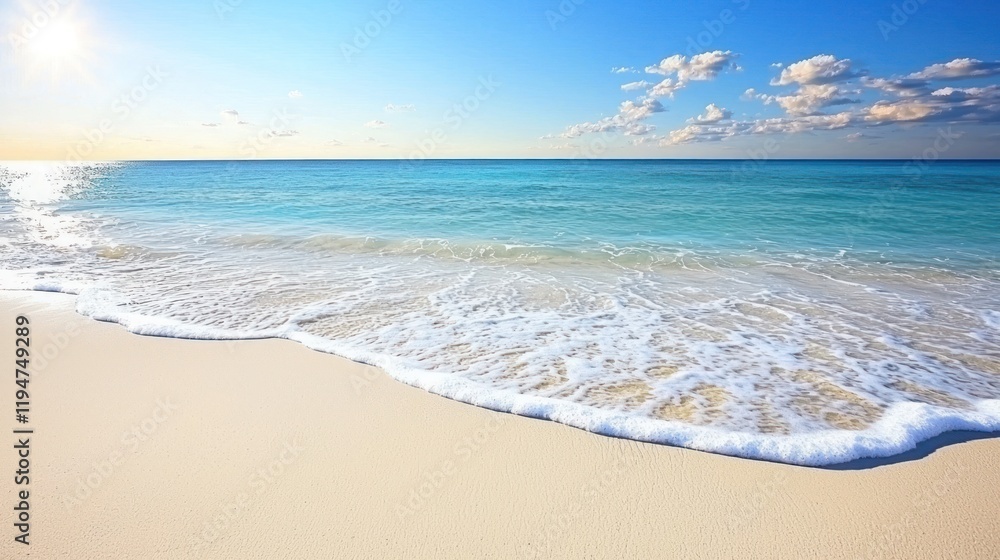 Tranquil beach scene with gentle waves and clear blue sky. Tranquil beach scene with gentle waves and clear blue sky.