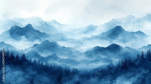 Dreamy Blue Watercolor Landscape. Generative AI photo