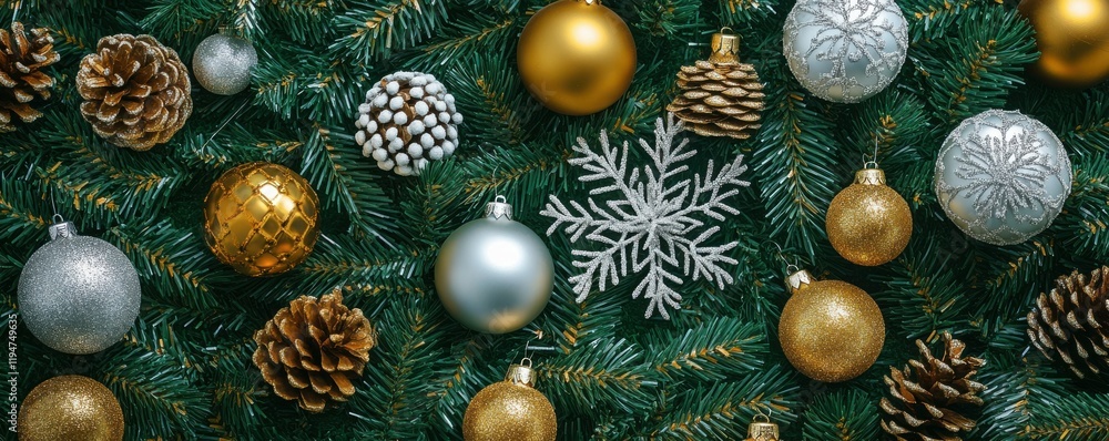 Top view photo of gold and silver christmas tree balls toys cones snowflakes and serpentine on pine branches on isolated green background with copyspace Top view photo of gold and silver christmas tree balls toys cones snowflakes and serpentine on pine branches on isolated green background with copyspace