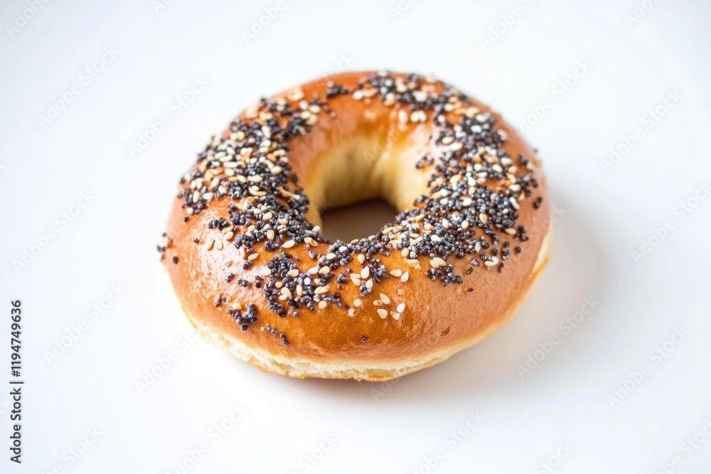 Freshly baked bagel topped with colorful sprinkles on a clean white surface, ideal for breakfast or snack photography Freshly baked bagel topped with colorful sprinkles on a clean white surface, ideal for breakfast or snack photography