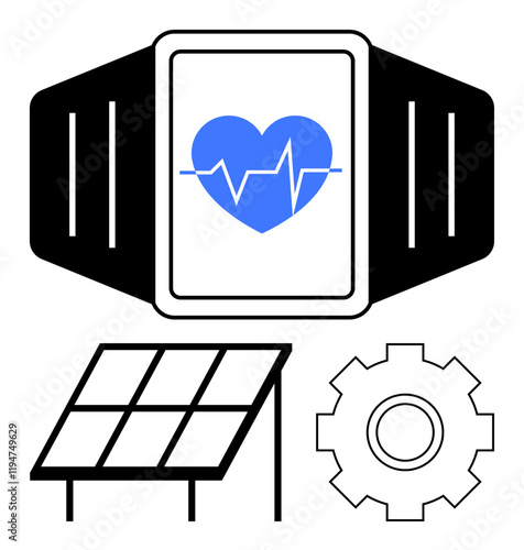 Smartwatch tracking heart rate, solar panel for sustainable energy, and gear for innovation. Ideal for health tech, renewable energy, wearable technology, fitness, clean energy, sustainability