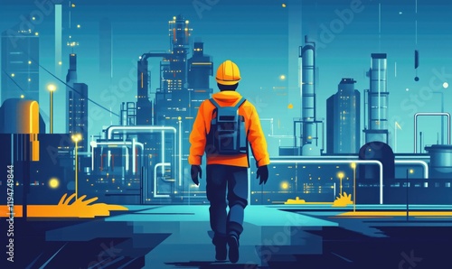 Urban industrial landscape exploration by worker in safety gear, vibrant colors, futuristic city skyline, pipes and structures, night scene