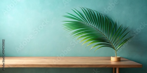 Serene Minimalist Palm Leaf on Wooden Tabletop Against Teal Wall