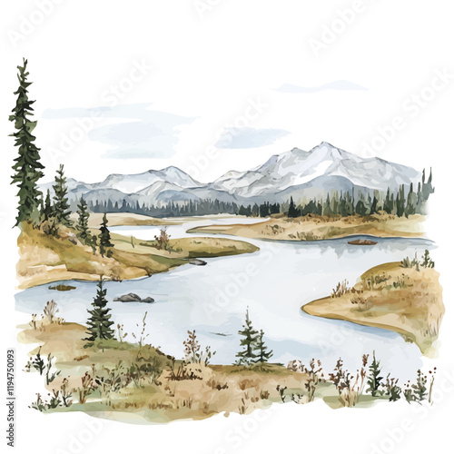 A watercolor painting of tundra ecosystems, isolated on a white background. Tundra ecosystems vector.
