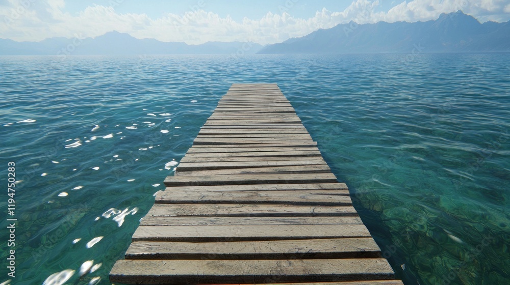 A wooden pier extending into clear blue water under a bright sky. A wooden pier extending into clear blue water under a bright sky.