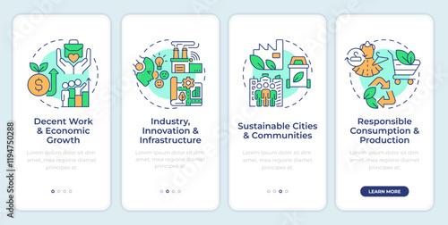Economic development onboarding mobile app screen. Walkthrough 4 steps editable graphic instructions with linear concepts. UI, UX, GUI template. Montserrat SemiBold, Regular fonts used