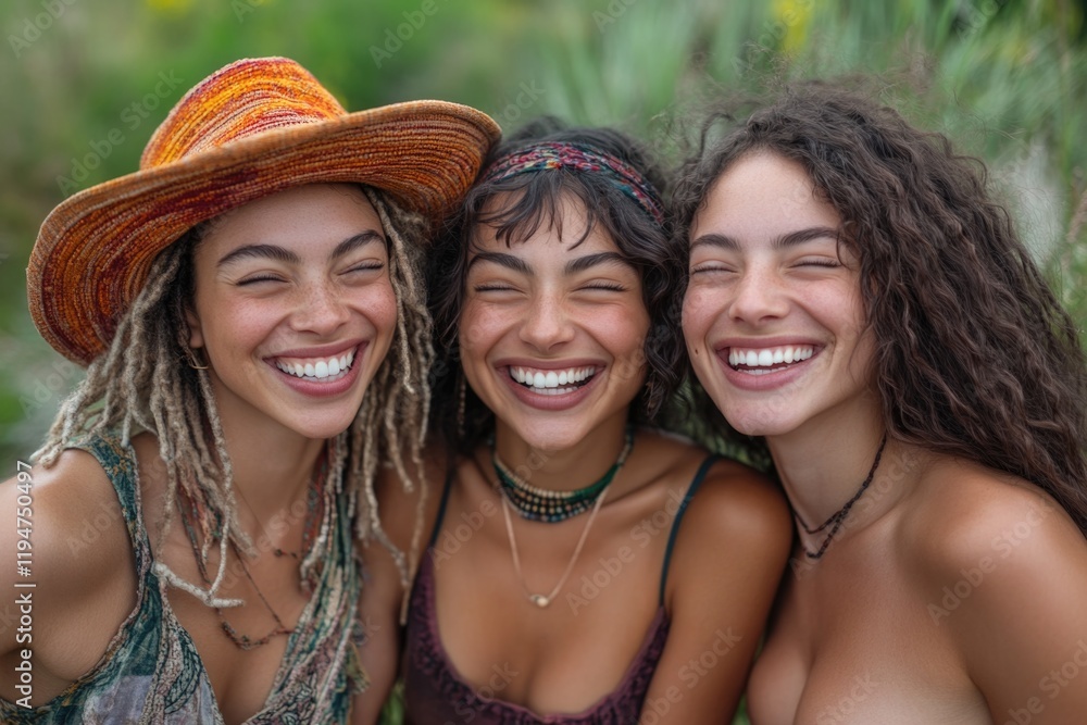 Three females standing side by side, possibly friends or family Three females standing side by side, possibly friends or family