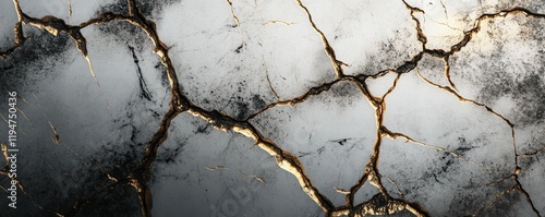 Panel kuchenny z motywem A cracked marble effect with shades of white, black, and gold, 4k photo.