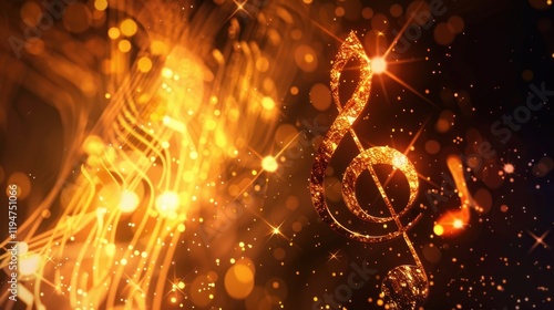 Sparkling Golden Treble Clef, Music Notes Background, Celebration, Event