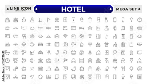 Hotel outline icons set. Rental property icons. Set of hotel booking, five-star hotel, service line vector web icon. Hotel universal set with Building, Parking, Meal. Editable stroke outline icon.