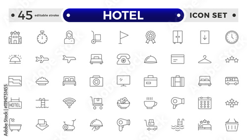 Hotel outline icons set. Rental property icons. Set of hotel booking, five-star hotel, service line vector web icon. Hotel universal set with Building, Parking, Meal. Editable stroke outline icon.