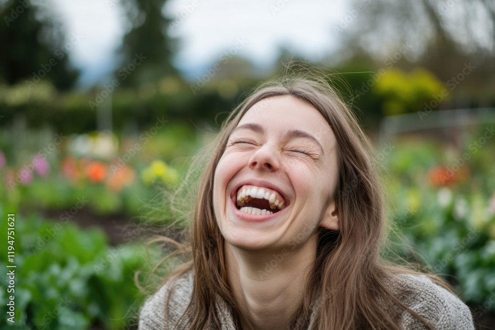 A happy woman enjoying the beauty of nature in a lush garden filled with colorful flowers A happy woman enjoying the beauty of nature in a lush garden filled with colorful flowers