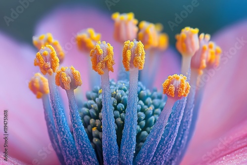 A close-up shot unveils the intricate stamen of a flower surrounded by delicate, colorful petals, highlighting the beauty and detail of natural floral structures. photo