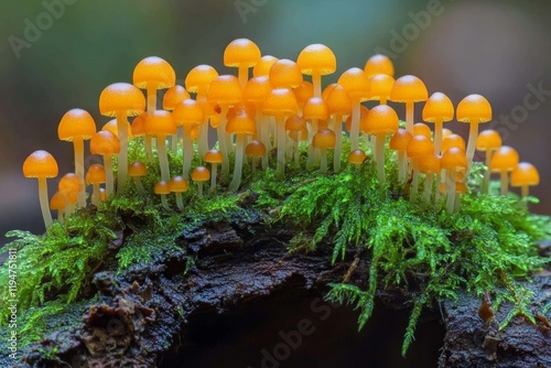 This macro photo captures a cluster of delicate, tiny orange mushrooms growing sprightly amidst moss on decaying wood, set against a forested backdrop. photo