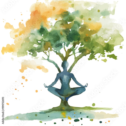 A watercolor of Tree Pose Vrksasana, isolated on a white background. Tree Pose Vrksasana vector.
