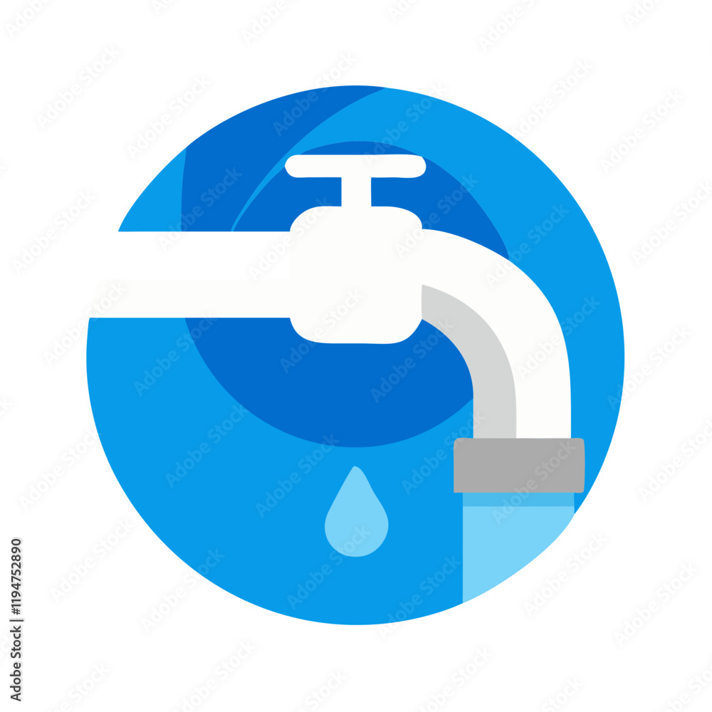 Blue water tap icon with droplet on circular background Blue water tap icon with droplet on circular background
