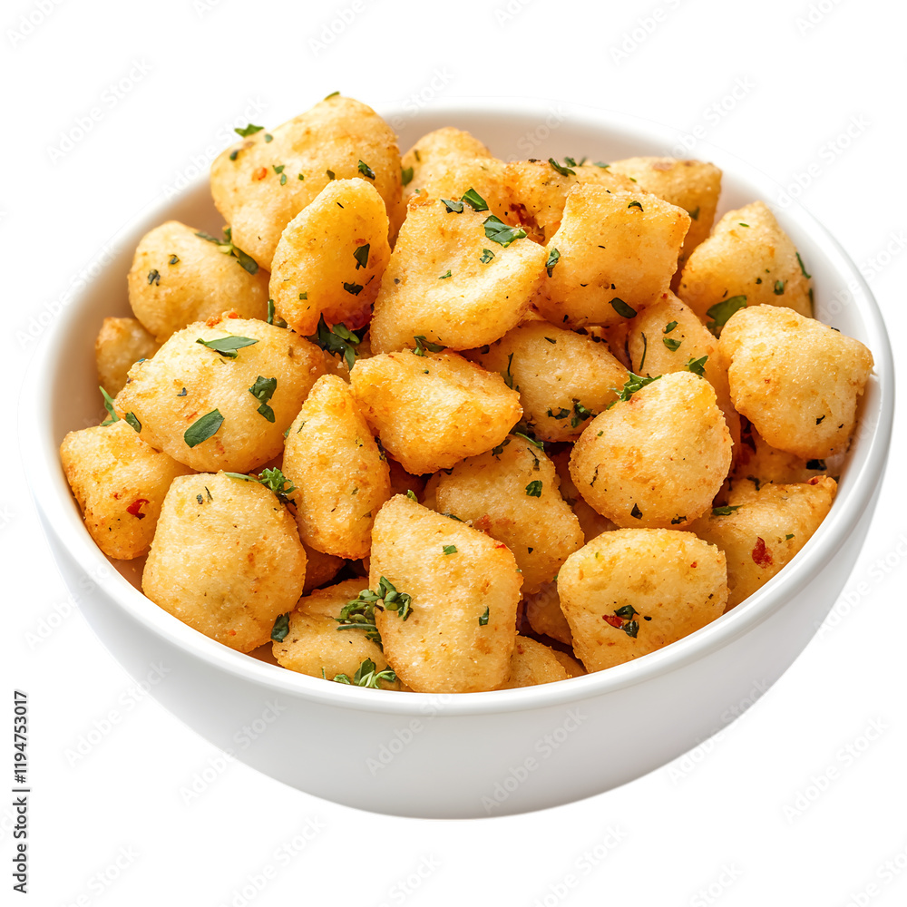 A bowl of fried savory snacks with herbs and spices, isolated on white background. A bowl of fried savory snacks with herbs and spices, isolated on white background.