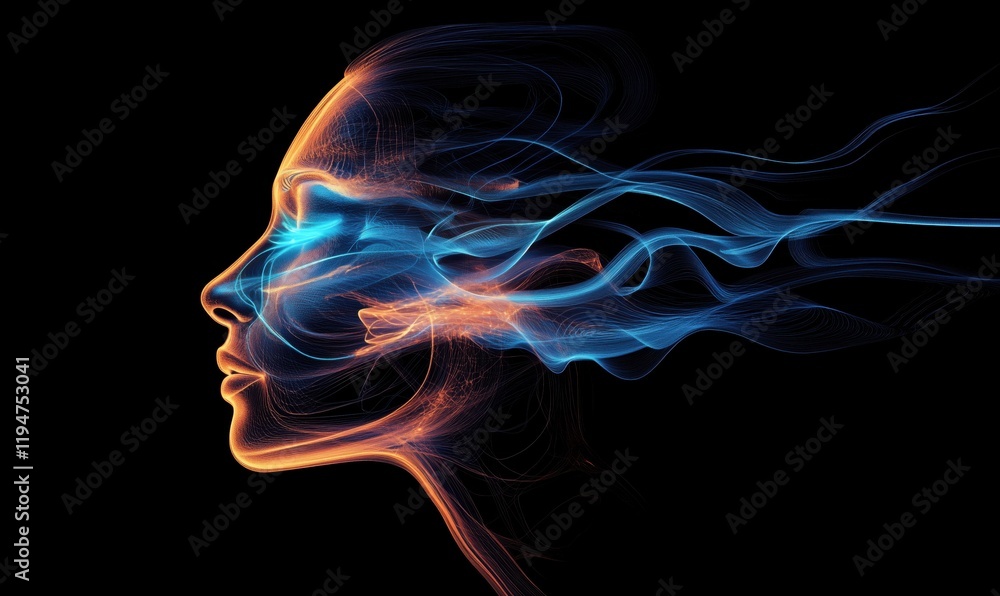 Abstract digital art representation of human profile with flowing blue and orange light trails, symbolizing energy and emotion Abstract digital art representation of human profile with flowing blue and orange light trails, symbolizing energy and emotion