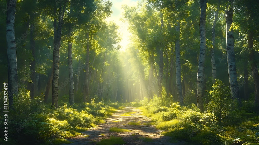 Sunlit path through a lush birch forest. Sunlit path through a lush birch forest.