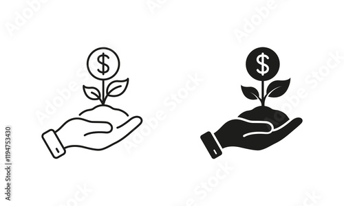 Wealth Sign. Increase Income, Financial Profit Symbol. Growth Money Line and Silhouette Icon. Dollar Coin in Plant Shape in Human Hand Pictogram. Editable Stroke. Isolated Vector Illustration