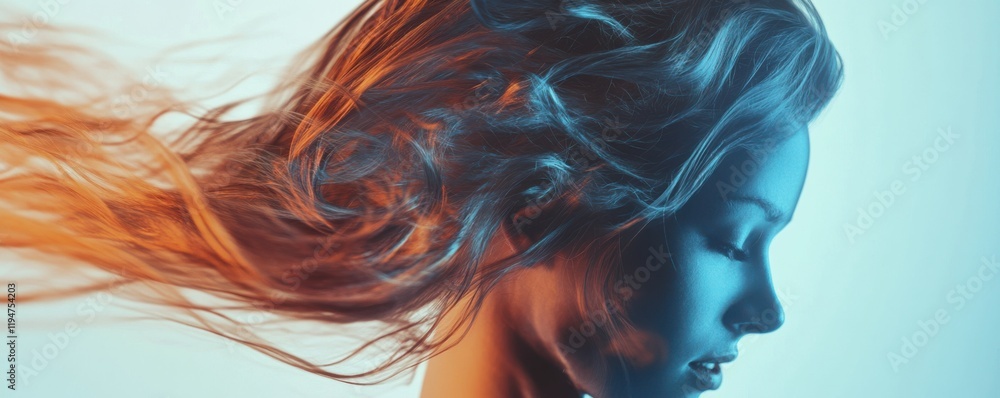 A creative haircare advertisement showing flowing, glossy hair against a sleek backdrop, 4k photo. A creative haircare advertisement showing flowing, glossy hair against a sleek backdrop, 4k photo.