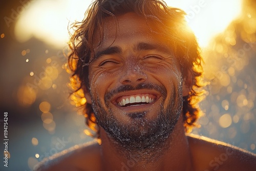 A person smiles with joy as the sun rises behind them, suggesting a positive and uplifting atmosphere photo