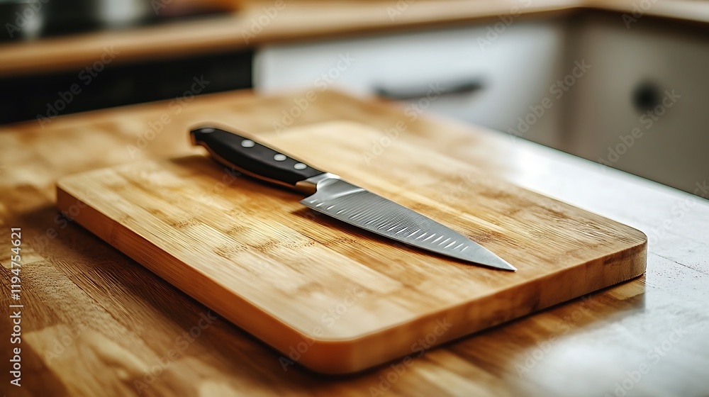 Cutting board with a knife stuck deeply modern kitchen minimalist style Cutting board with a knife stuck deeply modern kitchen minimalist style