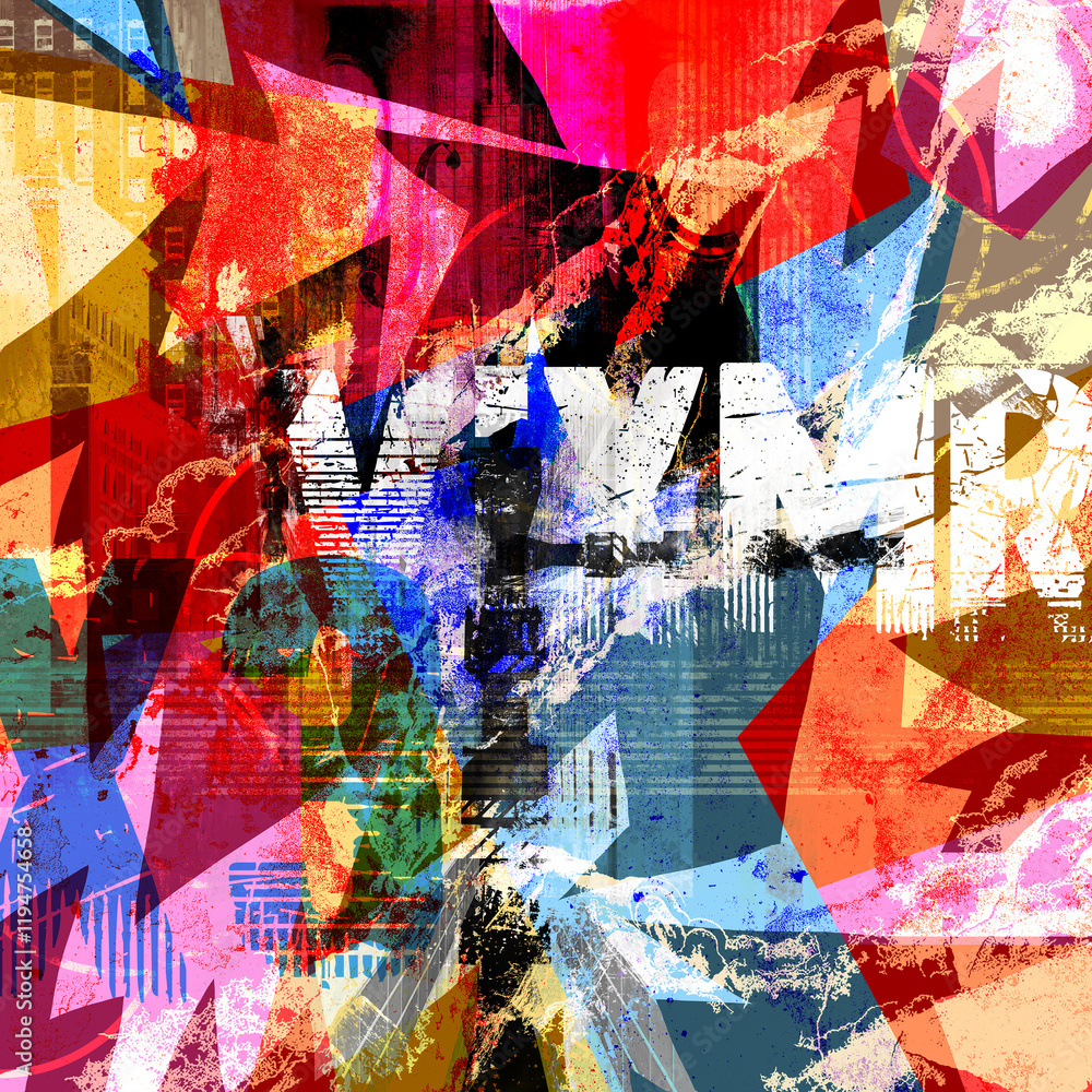 Fototapeta premium Colorful collage with grunge decorative elements on a textured grunge background. Typo collage with abstract geometrical elements and creative forms.