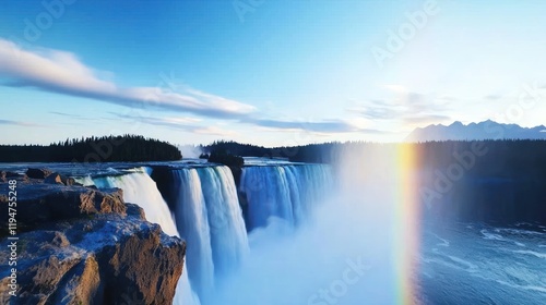A stunning waterfall with a rainbow under a clear blue sky.
