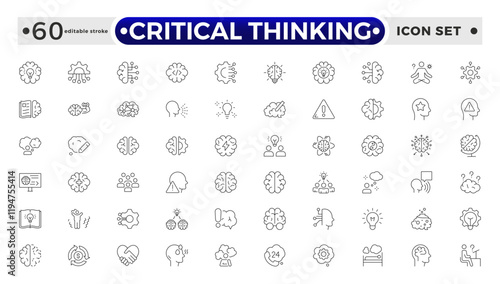 Critical thinking outline icon set. Containing think, problem-solving, analysis, reasoning, evaluation, experience, research, logic and listening icons. Editable stroke outline icon.
