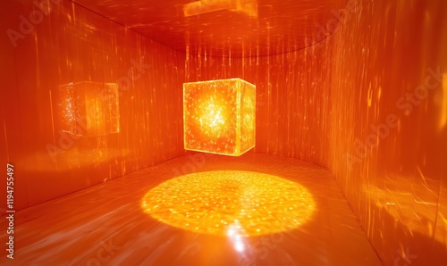 Illuminated orange cube in immersive light installation creating dynamic reflections and patterns on walls and floor photo