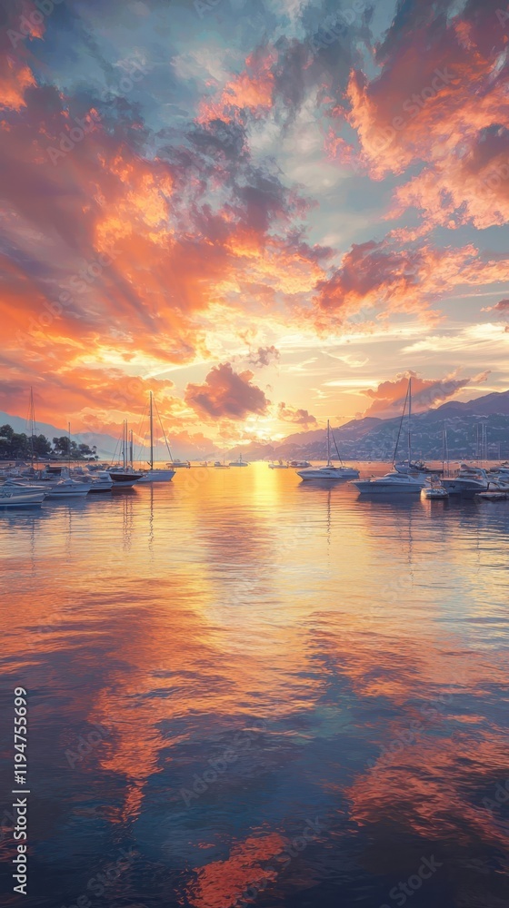 Serene sunset over tranquil waters in a picturesque harbor capturing the beauty of small boats and vibrant reflections Serene sunset over tranquil waters in a picturesque harbor capturing the beauty of small boats and vibrant reflections