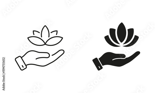 Yoga and SPA Symbol. Medical Beauty Clinic Sign. Lotus and Human Hand Line and Silhouette Icon Set. Meditation Pictogram. Hand Holding Flower. Editable Stroke. Isolated Vector Illustration