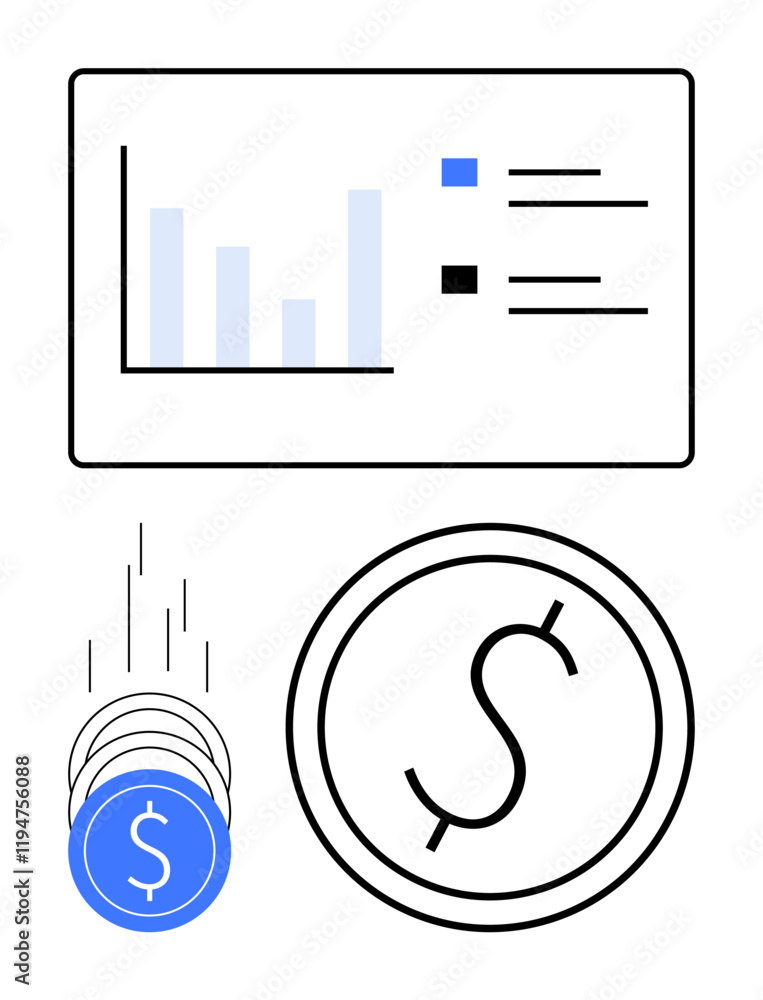 Bar chart with data points, falling coins, and dollar sign. Ideal for presentations, financial reports, investment strategies, business growth, economic forecasts budgeting digital marketing. Line